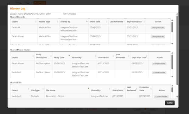 History log screenshot
